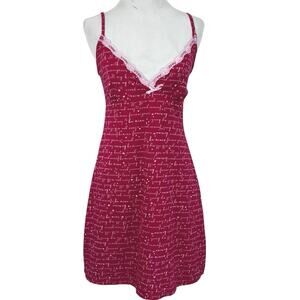 Laura Ashley Red Script Print Slip Dress Lace Trim Y2K Romantic Size M